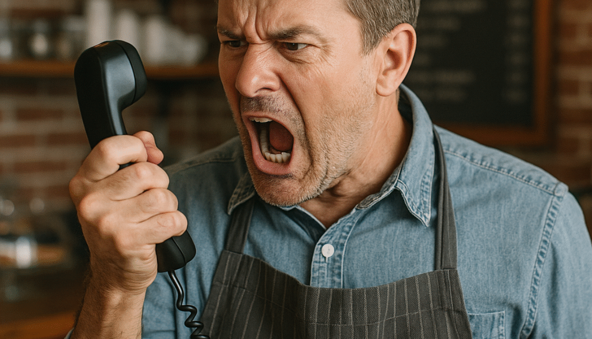 local-business-owner-shouting-at-spammer-calling-to-activate-search-listings Local Business owners are bombarded with marketing calls from Listing Services.